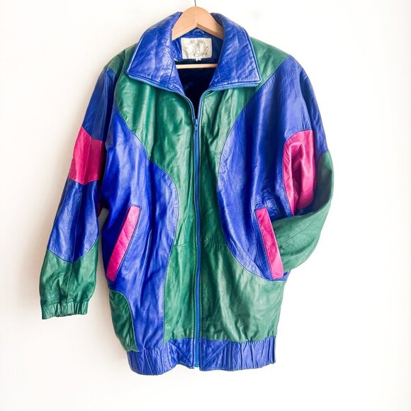 Pano Sereti Multicolor Green Blue Pink Bomber Jacket w Sheared Rabbit Liner S